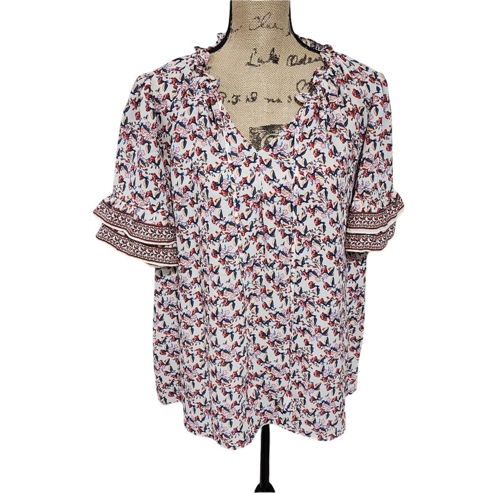 Max Studio Womens Floral Ruffle Sleeve Split Neck Blouse White Red‎ Blue 2X
